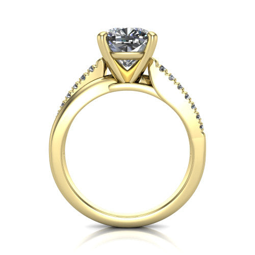 Marley cushion solitaire engagement ring in 18K Yellow Gold, through-finger front profile showing the open cathedral basket