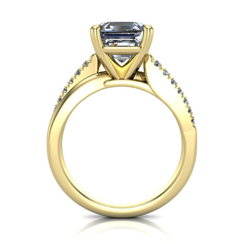 Marley square emerald solitaire engagement ring in 14K Yellow Gold, through-finger front profile showing the open cathedral basket