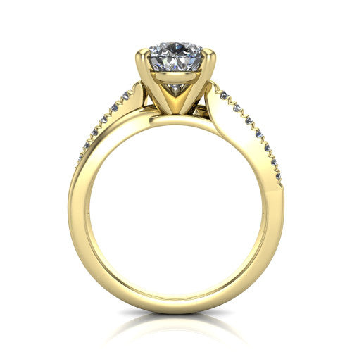 Marley pear solitaire engagement ring in 14K Yellow Gold, through-finger front profile showing the open cathedral basket
