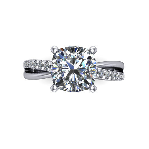 Marley cushion solitaire engagement ring in 14K White Gold, top-down view showing the four-prong cushion center diamond and split shank
