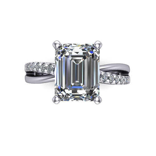 Marley emerald solitaire engagement ring in Platinum, top-down view showing the four-prong emerald center diamond and split shank