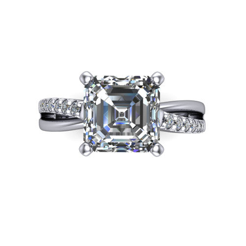 Marley square emerald solitaire engagement ring in Platinum, top-down view showing the four-prong square emerald center diamond and split shank