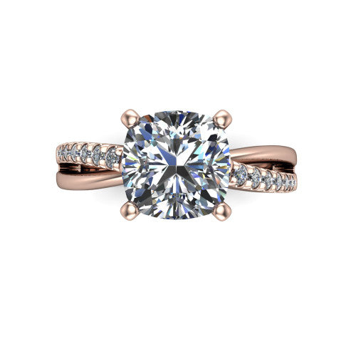 Marley cushion solitaire engagement ring in 14K Rose Gold, top-down view showing the four-prong cushion center diamond and split shank