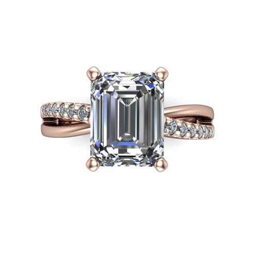 Marley emerald solitaire engagement ring in 14K Rose Gold, top-down view showing the four-prong emerald center diamond and split shank
