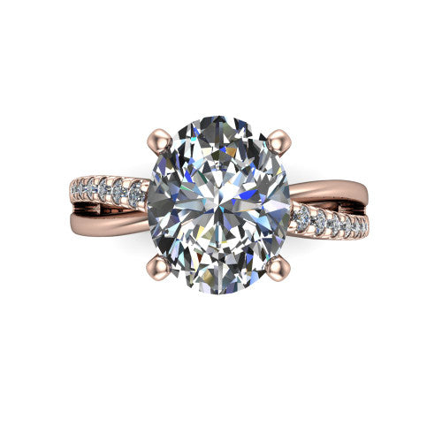 Marley oval solitaire engagement ring in 18K Rose Gold, top-down view showing the four-prong oval center diamond and split shank