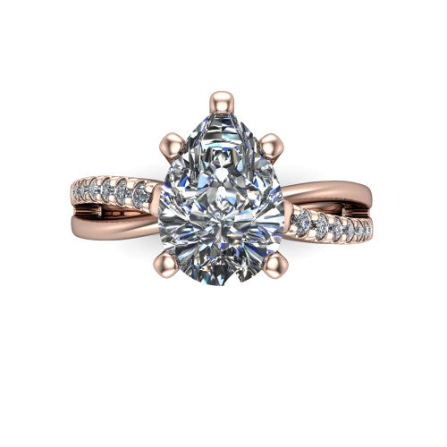 Marley pear solitaire engagement ring in 18K Rose Gold, top-down view showing the four-prong pear center diamond and split shank