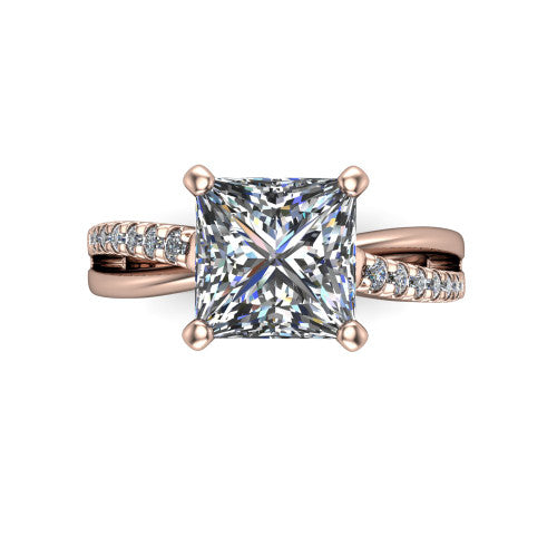 Marley princess solitaire engagement ring in 18K Rose Gold, top-down view showing the four-prong princess center diamond and split shank