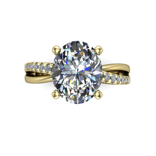 Marley oval solitaire engagement ring in 18K Yellow Gold, top-down view showing the four-prong oval center diamond and split shank