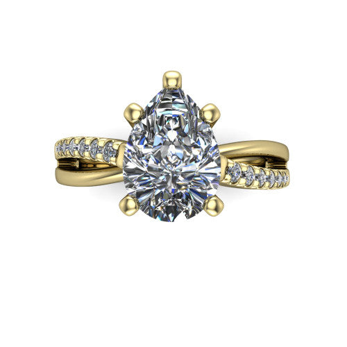 Marley pear solitaire engagement ring in 18K Yellow Gold, top-down view showing the four-prong pear center diamond and split shank