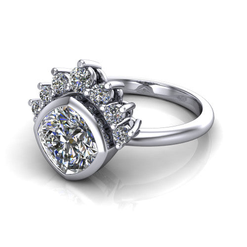 Kiara cushion-cut crown halo engagement ring in 18K White Gold, three-quarter perspective showing the bezel-set cushion-cut center diamond, diamond crown, and polished band