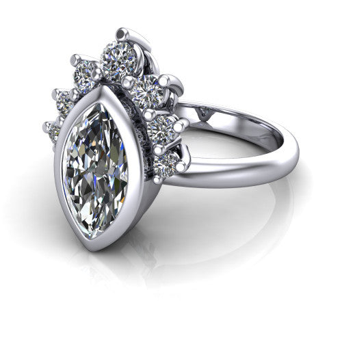 Kiara marquise-cut crown halo engagement ring in 18K White Gold, three-quarter perspective showing the bezel-set marquise-cut center diamond, diamond crown, and polished band