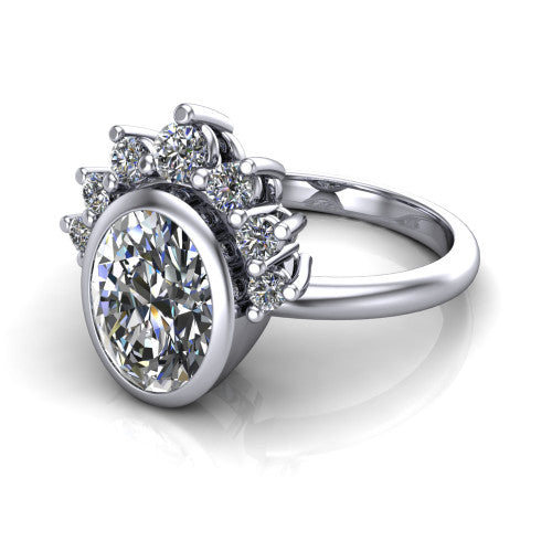 Kiara oval crown halo engagement ring in 14K White Gold, three-quarter perspective showing the bezel-set oval center diamond, diamond crown, and polished band