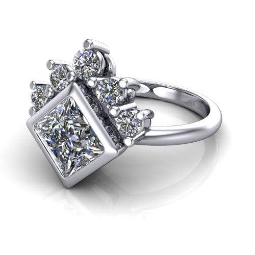 Kiara princess-cut crown halo engagement ring in 14K White Gold, three-quarter perspective showing the bezel-set princess-cut center diamond, diamond crown, and polished band
