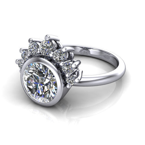 Kiara round crown halo engagement ring in Platinum, three-quarter perspective showing the bezel-set round center diamond, diamond crown, and polished band