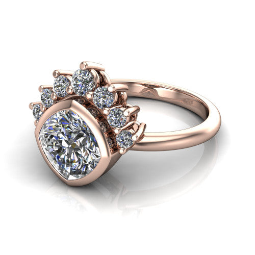 Kiara cushion-cut crown halo engagement ring in 14K Rose Gold, three-quarter perspective showing the bezel-set cushion-cut center diamond, diamond crown, and polished band