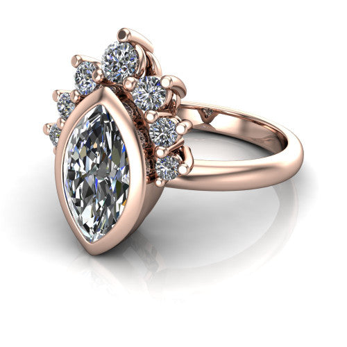 Kiara marquise-cut crown halo engagement ring in 14K Rose Gold, three-quarter perspective showing the bezel-set marquise-cut center diamond, diamond crown, and polished band