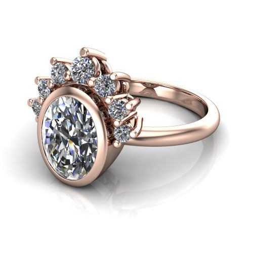 Kiara oval crown halo engagement ring in 14K Rose Gold, three-quarter perspective showing the bezel-set oval center diamond, diamond crown, and polished band