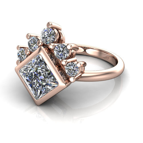 Kiara princess-cut crown halo engagement ring in 18K Rose Gold, three-quarter perspective showing the bezel-set princess-cut center diamond, diamond crown, and polished band