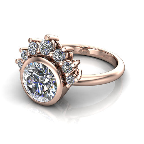 Kiara round crown halo engagement ring in 14K Rose Gold, three-quarter perspective showing the bezel-set round center diamond, diamond crown, and polished band