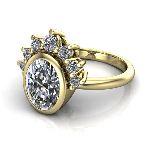 Kiara oval crown halo engagement ring in 14K Yellow Gold, three-quarter perspective showing the bezel-set oval center diamond, diamond crown, and polished band
