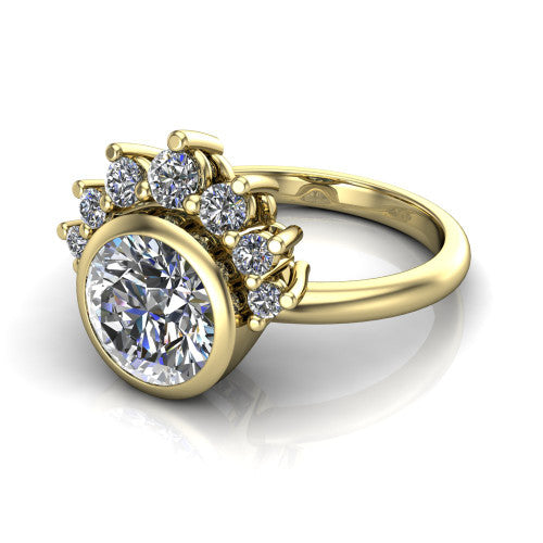 Kiara round crown halo engagement ring in 18K Yellow Gold, three-quarter perspective showing the bezel-set round center diamond, diamond crown, and polished band
