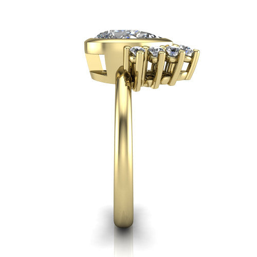 Kiara pear-shaped crown halo engagement ring in 18K Yellow Gold, side profile showing the diamond crown and polished band