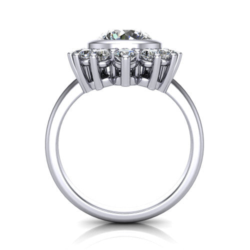 Kiara round crown halo engagement ring in 14K White Gold, through-finger front profile showing the diamond crown and gallery