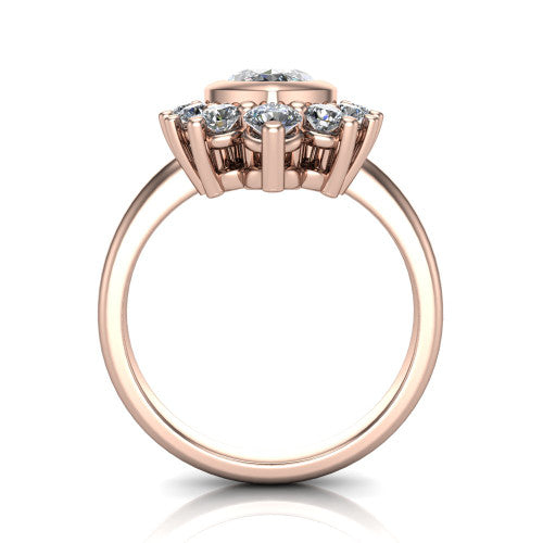 Kiara marquise-cut crown halo engagement ring in 18K Rose Gold, through-finger front profile showing the diamond crown and gallery