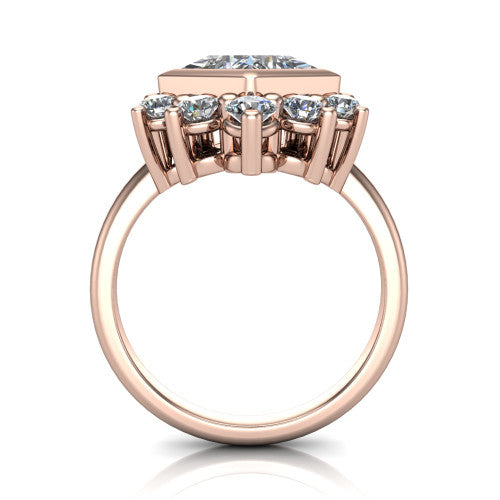 Kiara princess-cut crown halo engagement ring in 14K Rose Gold, through-finger front profile showing the diamond crown and gallery