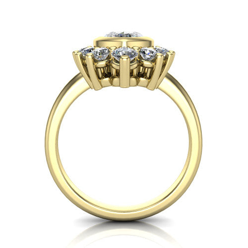 Kiara marquise-cut crown halo engagement ring in 18K Yellow Gold, through-finger front profile showing the diamond crown and gallery