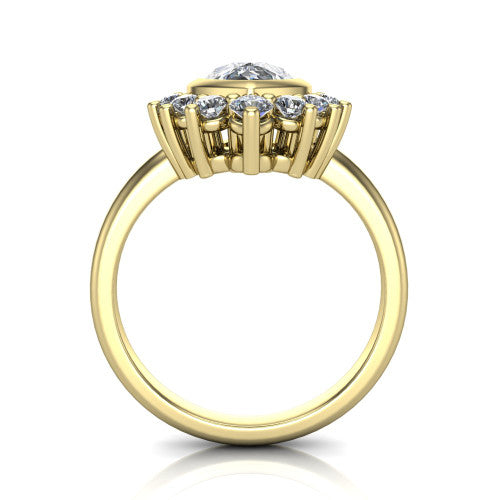 Kiara pear-shaped crown halo engagement ring in 14K Yellow Gold, through-finger front profile showing the diamond crown and gallery