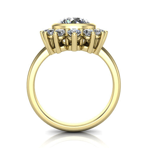 Kiara round crown halo engagement ring in 18K Yellow Gold, through-finger front profile showing the diamond crown and gallery