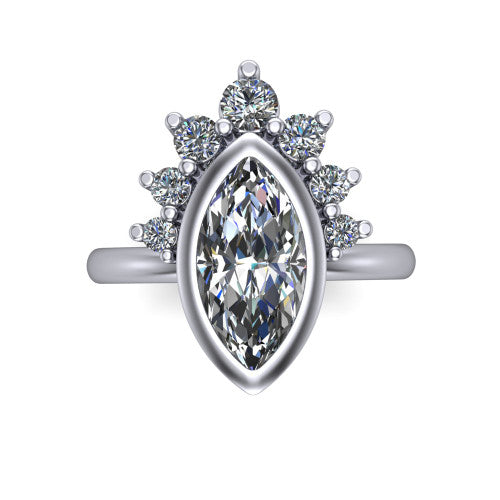 Kiara marquise-cut crown halo engagement ring in 14K White Gold, top-down view showing the marquise-cut center diamond on the diagonal beneath the graduated diamond crown