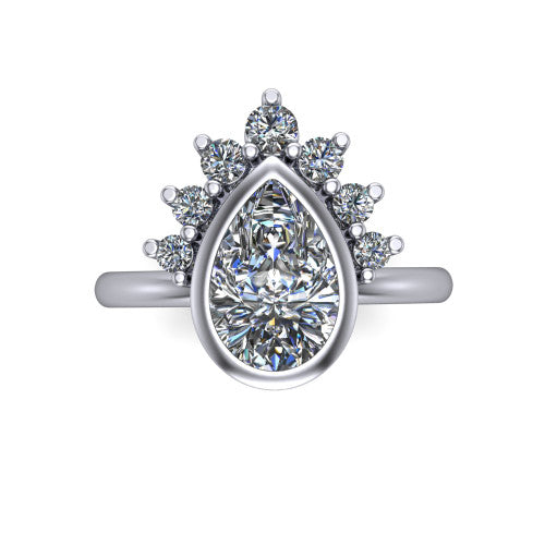 Kiara pear-shaped crown halo engagement ring in Platinum, top-down view showing the pear-shaped center diamond on the diagonal beneath the graduated diamond crown