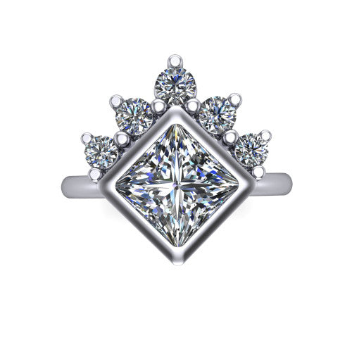 Kiara princess-cut crown halo engagement ring in 14K White Gold, top-down view showing the princess-cut center diamond on the diagonal beneath the graduated diamond crown