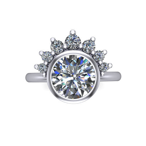 Kiara round crown halo engagement ring in 18K White Gold, top-down view showing the round center diamond on the diagonal beneath the graduated diamond crown