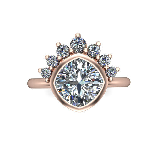 Kiara cushion-cut crown halo engagement ring in 14K Rose Gold, top-down view showing the cushion-cut center diamond on the diagonal beneath the graduated diamond crown
