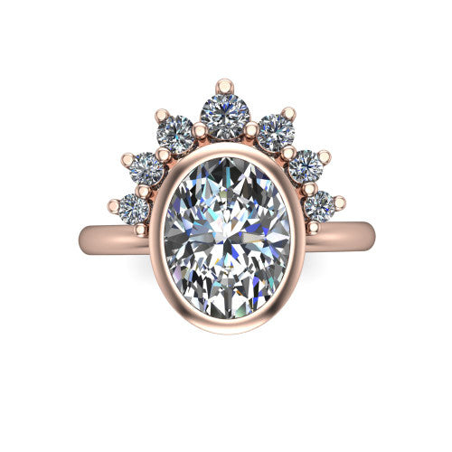 Kiara oval crown halo engagement ring in 14K Rose Gold, top-down view showing the oval center diamond on the diagonal beneath the graduated diamond crown