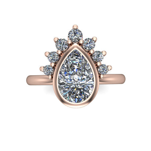 Kiara pear-shaped crown halo engagement ring in 14K Rose Gold, top-down view showing the pear-shaped center diamond on the diagonal beneath the graduated diamond crown