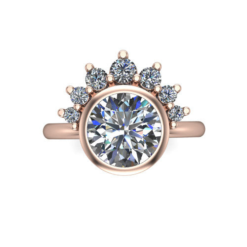 Kiara round crown halo engagement ring in 14K Rose Gold, top-down view showing the round center diamond on the diagonal beneath the graduated diamond crown