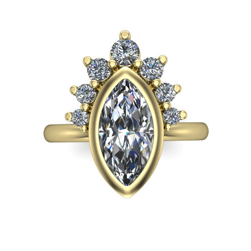 Kiara marquise-cut crown halo engagement ring in 18K Yellow Gold, top-down view showing the marquise-cut center diamond on the diagonal beneath the graduated diamond crown