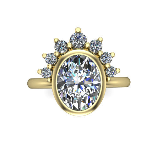 Kiara oval crown halo engagement ring in 18K Yellow Gold, top-down view showing the oval center diamond on the diagonal beneath the graduated diamond crown