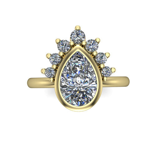 Kiara pear-shaped crown halo engagement ring in 18K Yellow Gold, top-down view showing the pear-shaped center diamond on the diagonal beneath the graduated diamond crown
