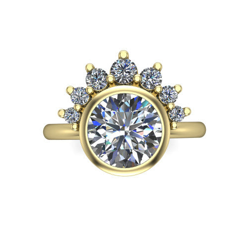 Kiara round crown halo engagement ring in 18K Yellow Gold, top-down view showing the round center diamond on the diagonal beneath the graduated diamond crown