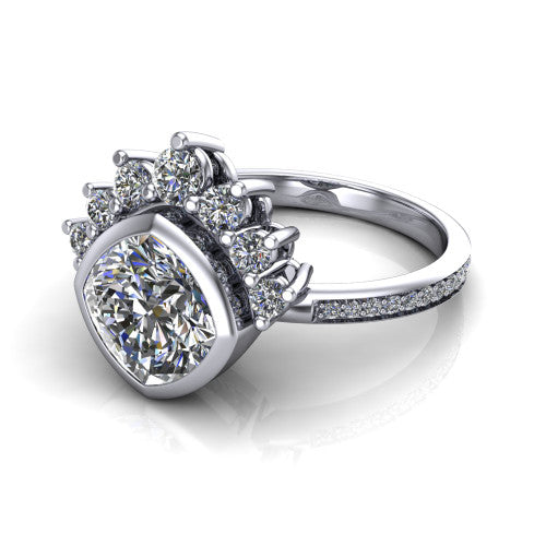 Lucille cushion-cut crown halo engagement ring in 18K White Gold, three-quarter perspective showing the bezel-set cushion-cut center diamond, diamond crown, and pavé band
