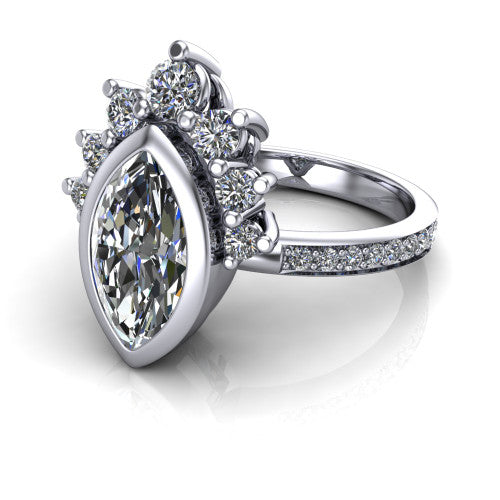 Lucille marquise-cut crown halo engagement ring in Platinum, three-quarter perspective showing the bezel-set marquise-cut center diamond, diamond crown, and pavé band
