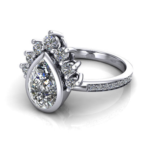 Lucille pear-shaped crown halo engagement ring in 14K White Gold, three-quarter perspective showing the bezel-set pear-shaped center diamond, diamond crown, and pavé band