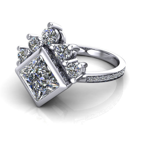 Lucille princess-cut crown halo engagement ring in Platinum, three-quarter perspective showing the bezel-set princess-cut center diamond, diamond crown, and pavé band