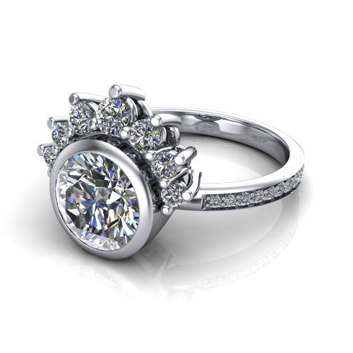 Lucille round crown halo engagement ring in 14K White Gold, three-quarter perspective showing the bezel-set round center diamond, diamond crown, and pavé band