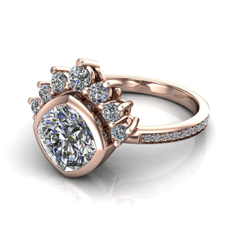 Lucille cushion-cut crown halo engagement ring in 14K Rose Gold, three-quarter perspective showing the bezel-set cushion-cut center diamond, diamond crown, and pavé band